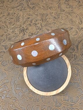 Vintage Wooden Bangle Silver Tone Polka Dot Wide Bangle Bracelet